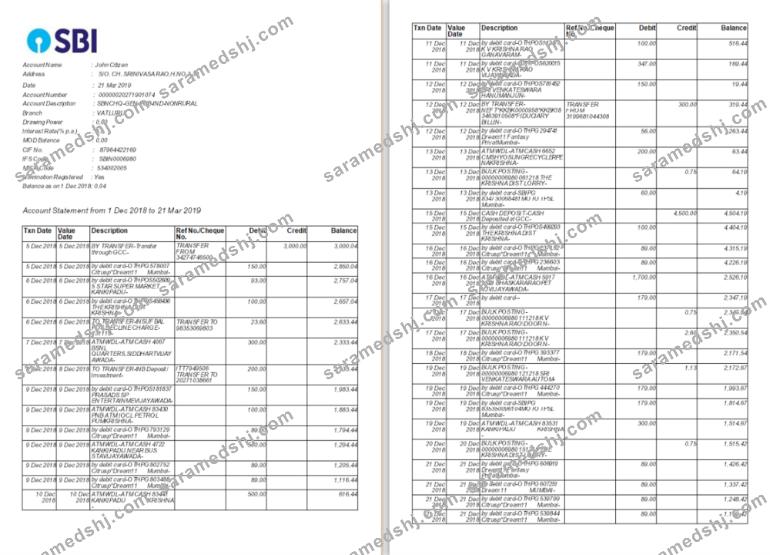 India SBI bank statement Word and PDF template, 2 pages